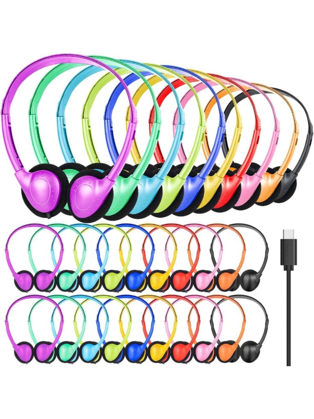 10 Pack USB C On-Ear Headphones for Kids - Classroom & School Use, Bulk Set